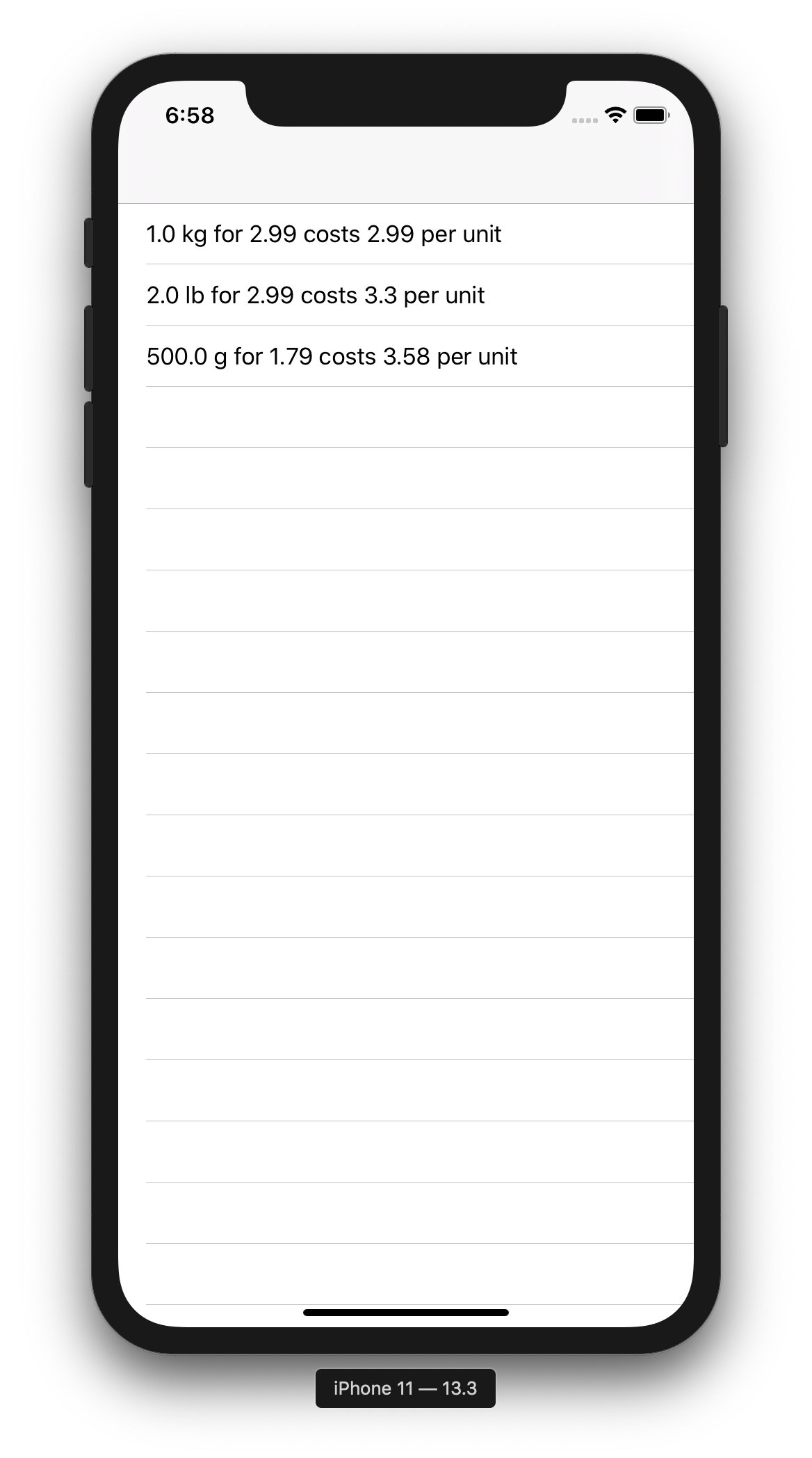iOS Simulator showing three of rows of ProductItem data
