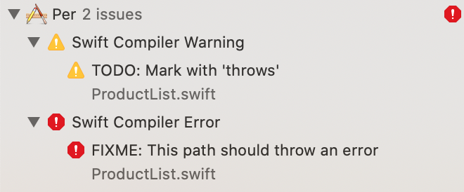 &ldquo;Xcode&rsquo;s Issues navigator shows comments marked as #warning or #error&rdquo;
