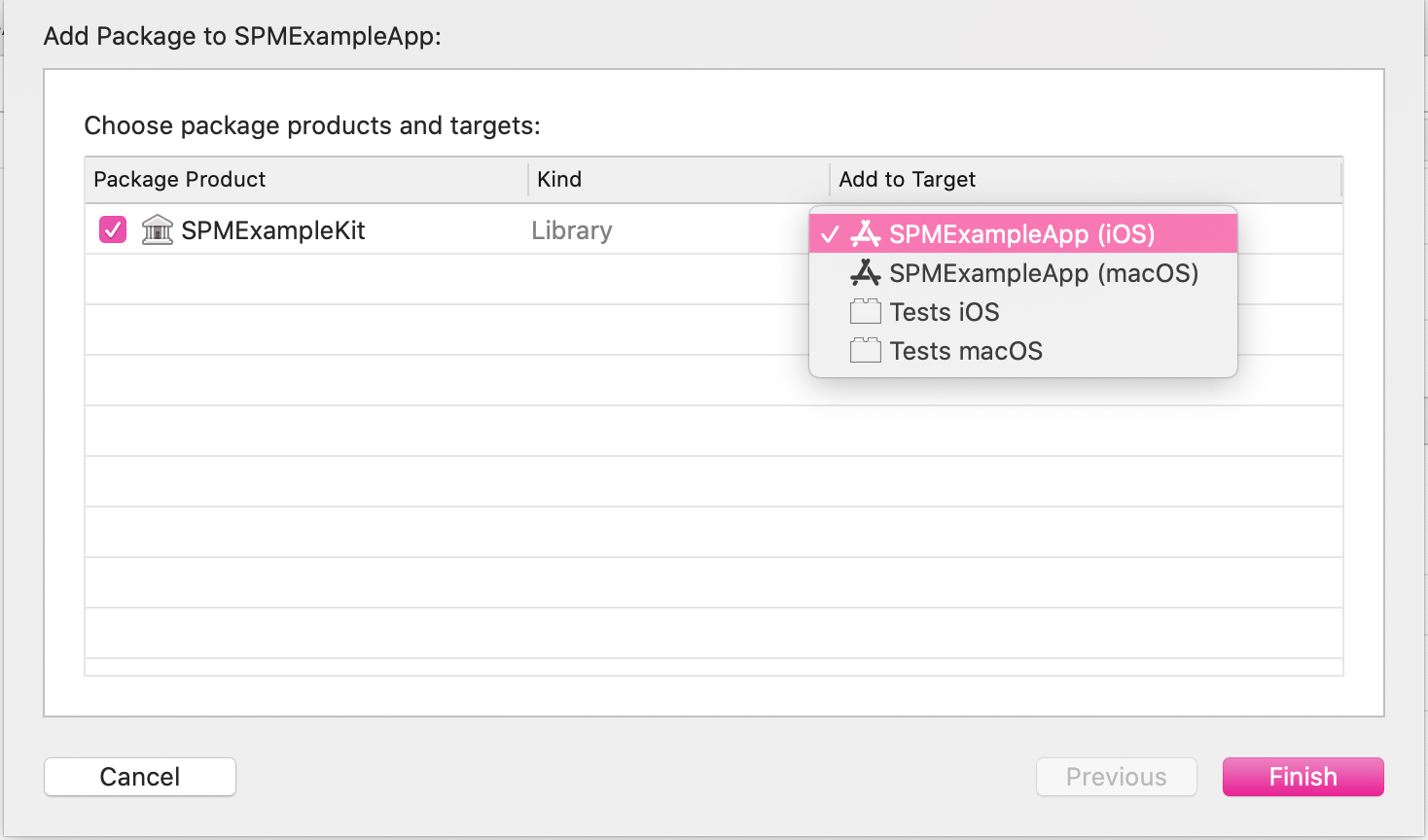 “Add Package to App sheet in Xcode showing a target selection menu”